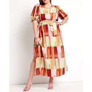 Geometric Print Puff Sleeve Maxi Dress With Belt By Eloquii